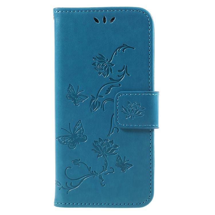 Imprint Butterfly and Flower PU Leather Stand Phone Shell for Huawei Y6 Pro (2017)/Enjoy 7/P9 lite mini - Blue-1