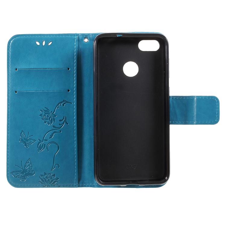 Imprint Butterfly and Flower PU Leather Stand Phone Shell for Huawei Y6 Pro (2017)/Enjoy 7/P9 lite mini - Blue-6