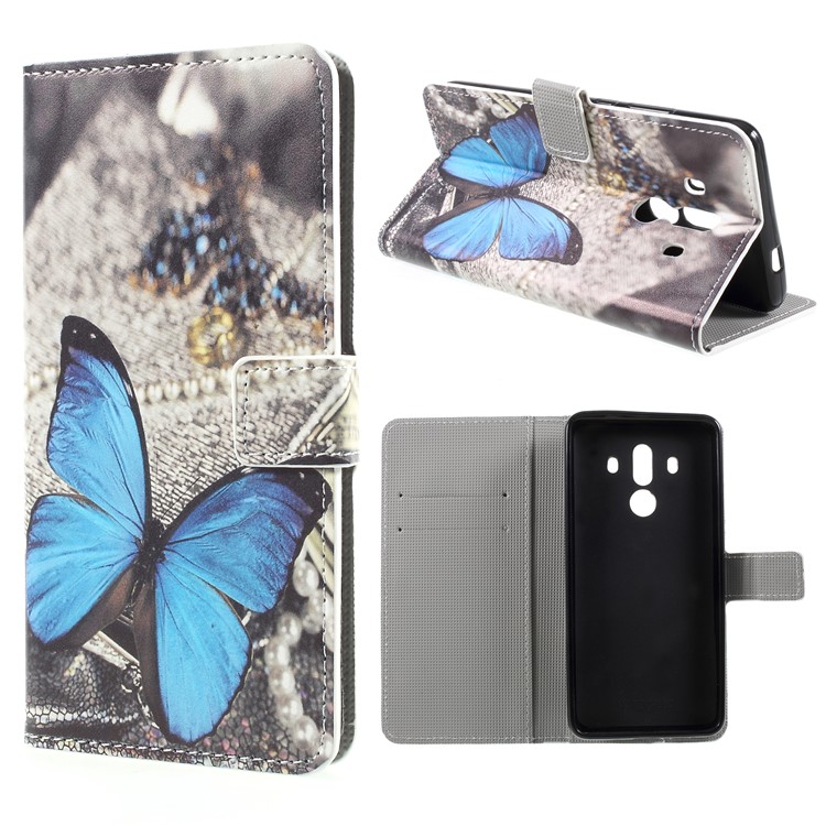 Pattern Printing PU Leather Magnetic Wallet Stand Protective Phone Shell for Huawei Mate 10 Pro - Blue Butterfly-1