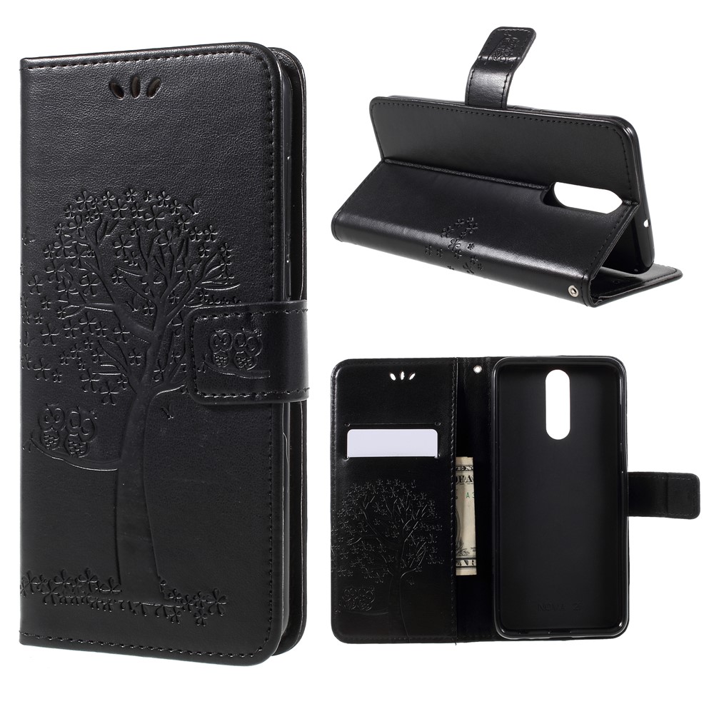 Imprint Tree Owls Leather Wallet Case for Huawei Mate 10 Lite / nova 2i / Maimang 6 / Honor 9i (India) - Black-1