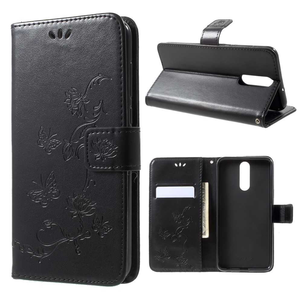 Imprint Butterfly Flowers Leather Wallet Case for Huawei Mate 10 Lite / nova 2i / Maimang 6 / Honor 9i (India) - Black-1