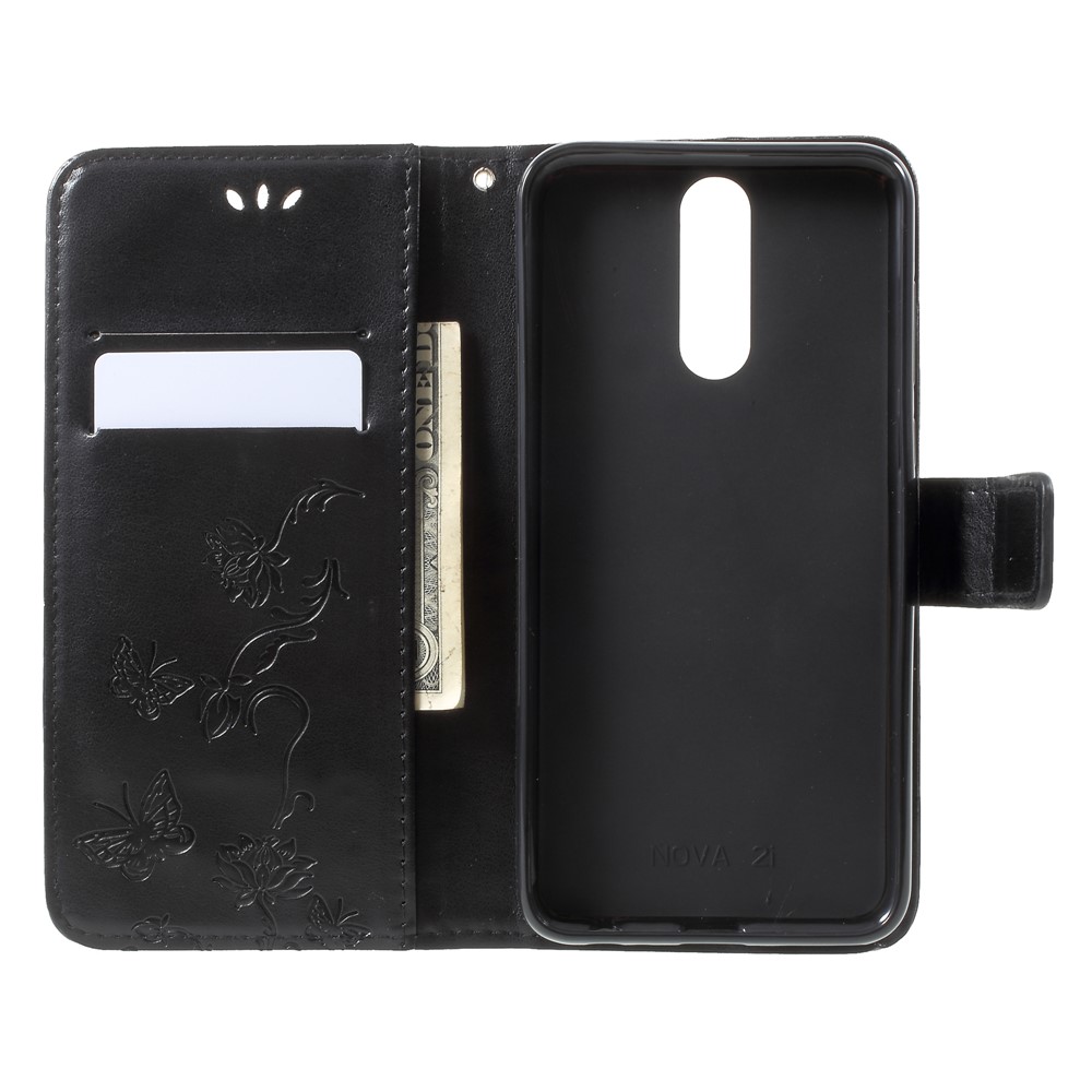 Imprint Butterfly Flowers Leather Wallet Case for Huawei Mate 10 Lite / nova 2i / Maimang 6 / Honor 9i (India) - Black-5