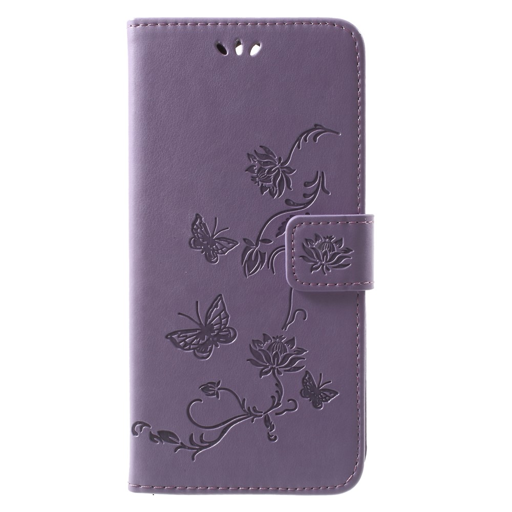 Impressão Flores de Borboleta Casca de Carteira de Couro Para Huawei Mate 10 Lite / Nova 2i / Maimang 6 / Honra 9i (índia) - Roxo