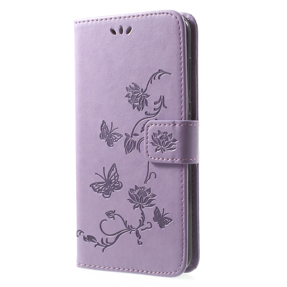 Impressão Flores de Borboleta Casca de Carteira de Couro Para Huawei Mate 10 Lite / Nova 2i / Maimang 6 / Honra 9i (índia) - Roxo