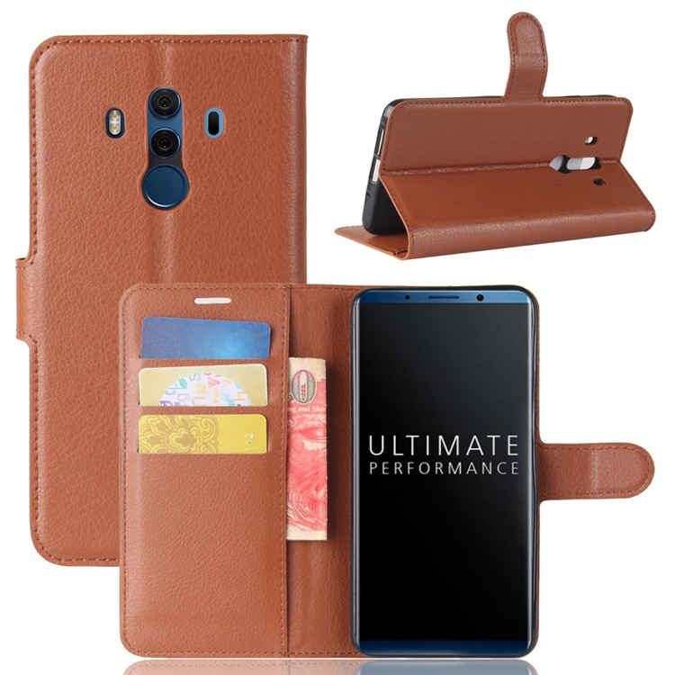 Litchi Skin PU Leather Wallet Stand Phone Shell with Magnet for Huawei Mate 10 Pro / Mate 10 Pro Porsche Design - Brown-1