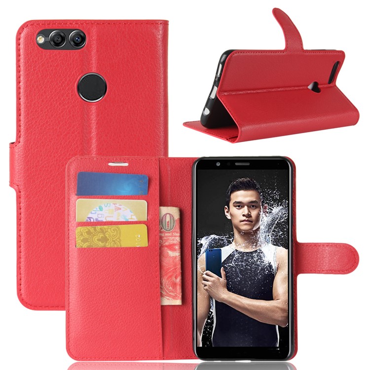 Litchi Texture Wallet Stand Leather Shell for Huawei Honor 7X - Red-6