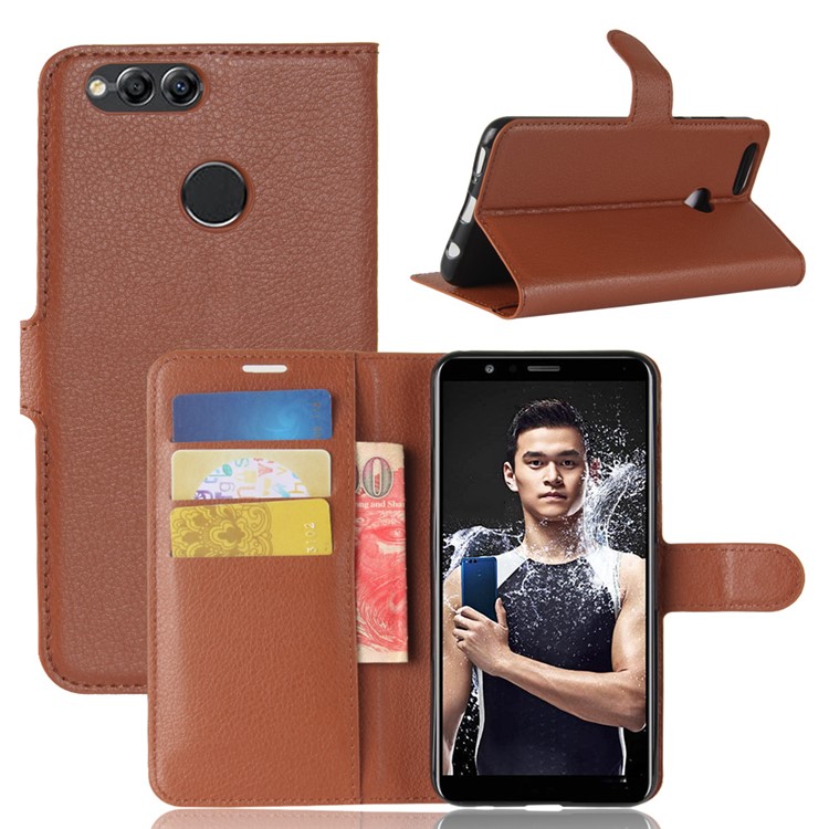 Litchi Texture PU Leather Protective Case with Card Slots for Huawei Honor 7X - Brown-6