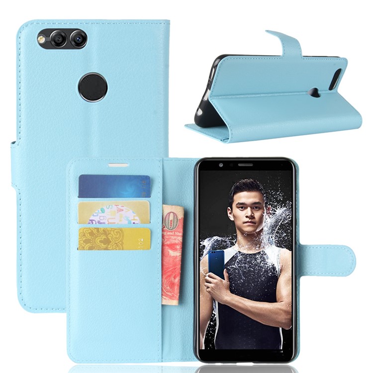Litchi Skin Wallet Stand Leather Mobile Casing for Huawei Honor 7X - Blue-6