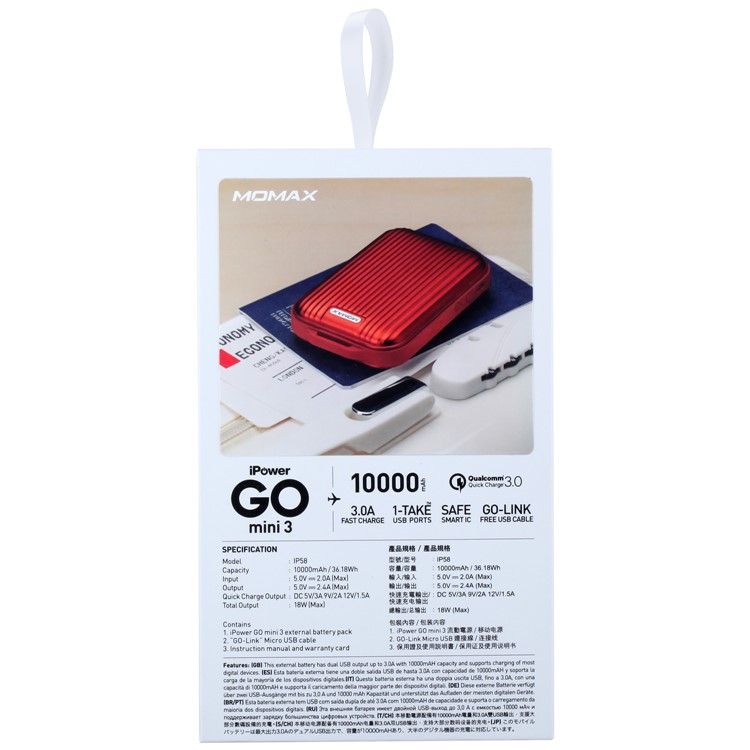 MOMAX iPower Go mini3 Traveling Case 10000mAh Dual USB Battery Charger with Quick Charge 3.0 - Red-12
