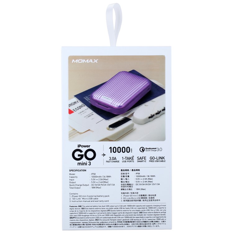 MOMAX iPower Go mini3 Traveling Case Quick Charge 3.0 10000mAh External Battery Charger - Purple-12