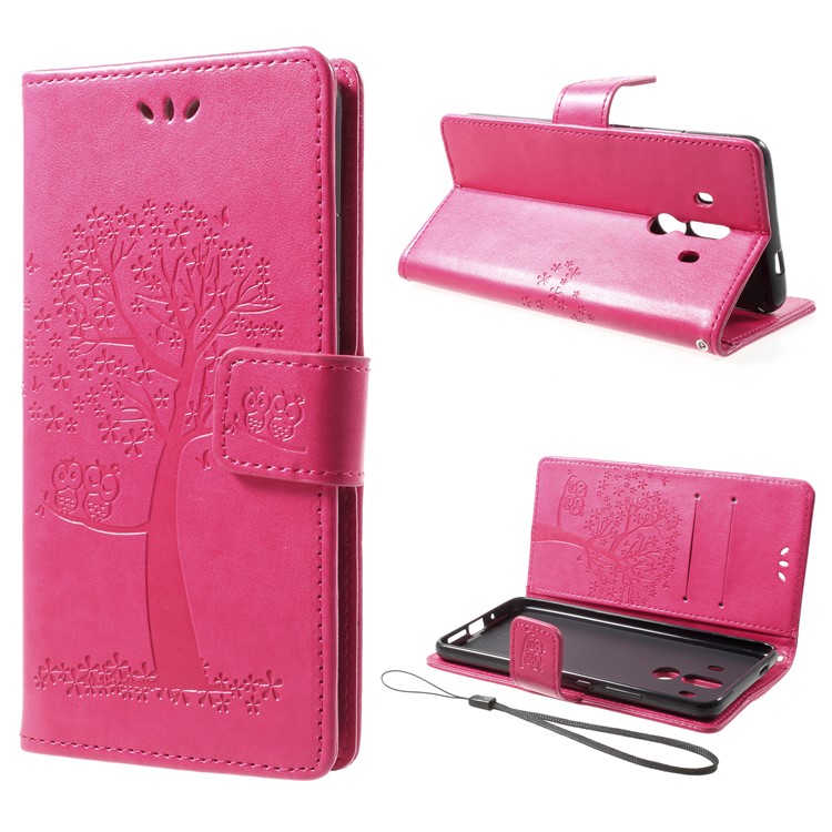 Imprint Tree Owl Leather Wallet Case for Huawei Mate 10 Pro - Rose-1