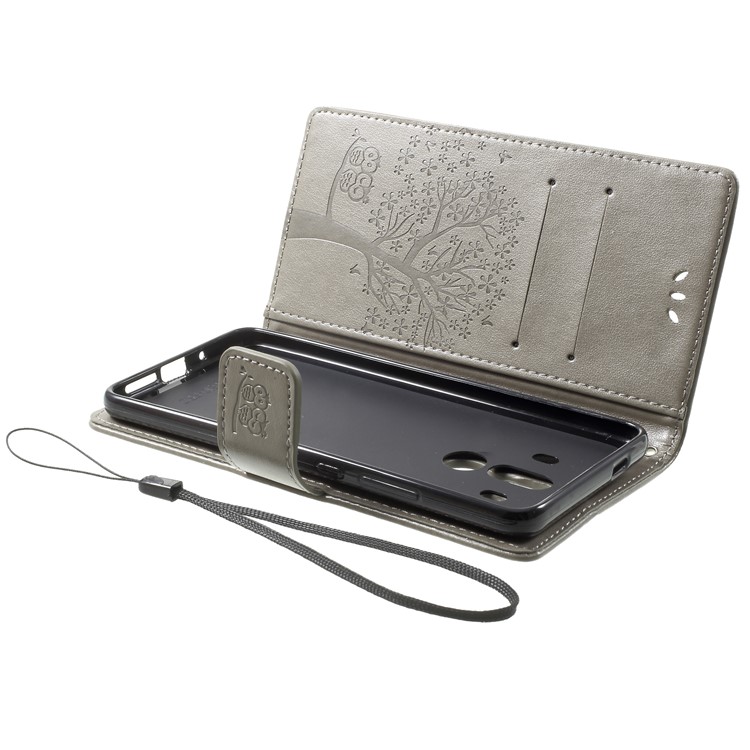 Imprint Tree Owl Leather Wallet Shell Case for Huawei Mate 10 Pro - Grey-5