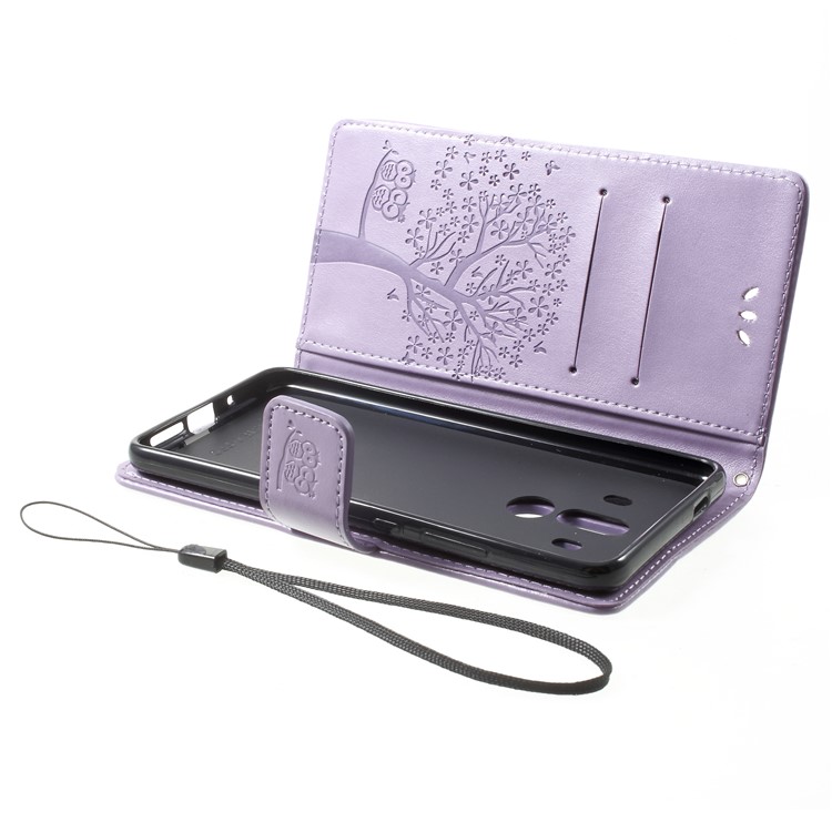 Imprint Tree Owl Leather Wallet Phone Case for Huawei Mate 10 Pro - Purple-5