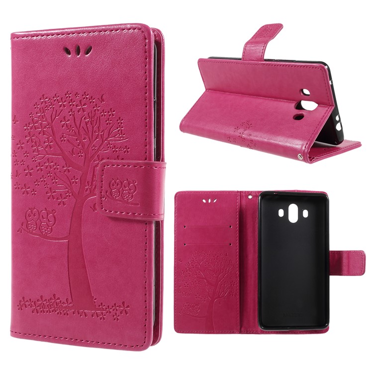 Imprint Tree Owl Magnetic Wallet PU Leather Casing with Stand for Huawei Mate 10 - Rose-1