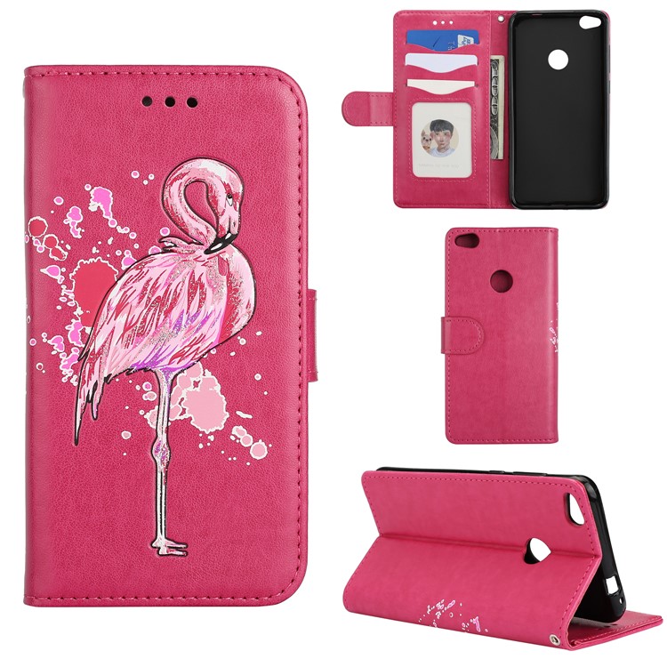 Flamingo Pattern Flash Powder Leather Wallet Case for Huawei P8 Lite (2017) / Honor 8 Lite - Rose-1