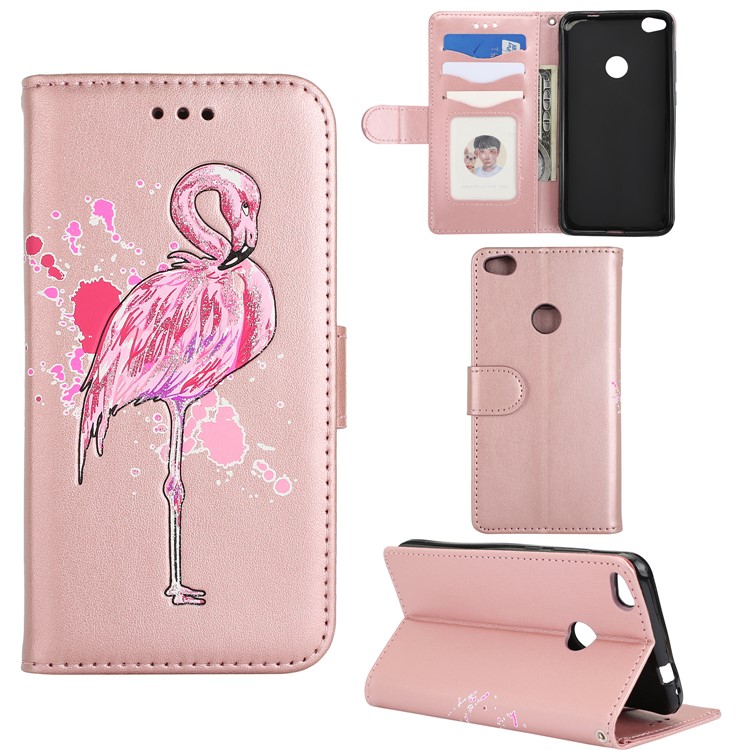 Flamingo Pattern Flash Powder Leather Wallet Cover for Huawei P8 Lite (2017) / Honor 8 Lite - Rose Gold-1
