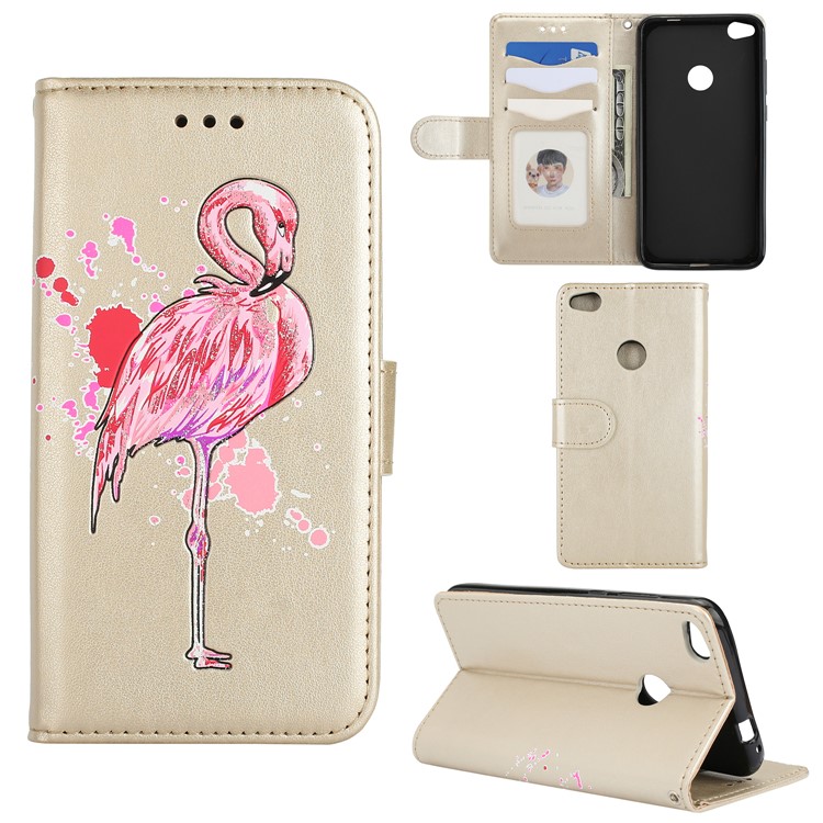 Flamingo Pattern Flash Powder Stand Leather Wallet Case for Huawei P8 Lite (2017) / Honor 8 Lite - Gold-1