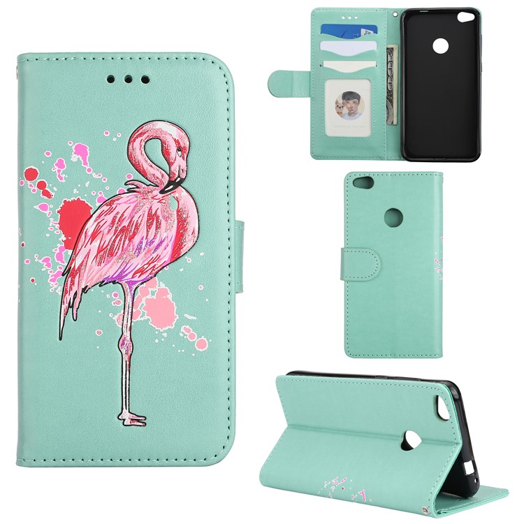 Flamingo Pattern Flash Powder Wallet Leather Stand Case for Huawei P8 Lite (2017) / Honor 8 Lite - Cyan-1
