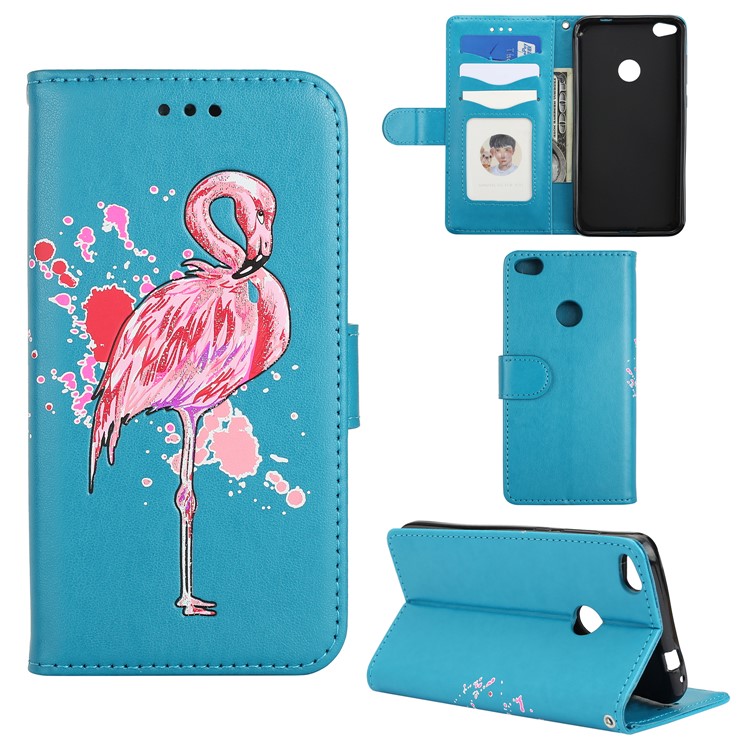 Flamingo Pattern Flash Powder Wallet Leather Stand Cover for Huawei P8 Lite (2017) / Honor 8 Lite - Blue-1