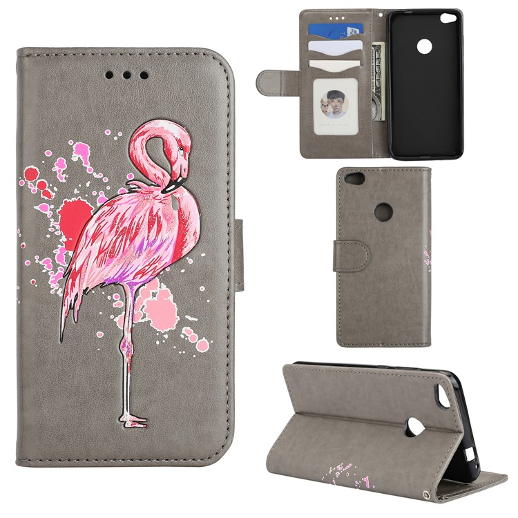 Flamingo Pattern Flash Powder PU Leather Wallet Case for Huawei P8 Lite (2017) / Honor 8 Lite - Grey-1