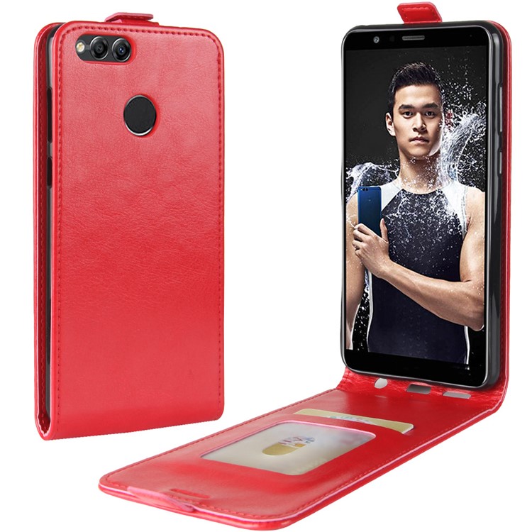 Crazy Horse Vertical Flip Leather Protective Shell for Huawei Honor 7X with Photo Slot - Red-6