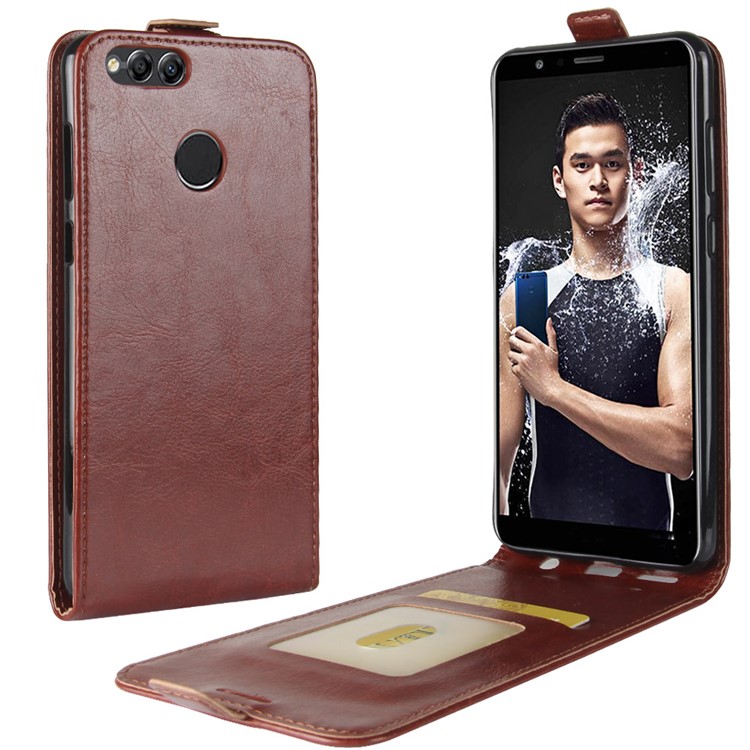 Crazy Horse Vertical Flip Leather Mobile Shell for Huawei Honor 7X with Photo Slot - Brown-7