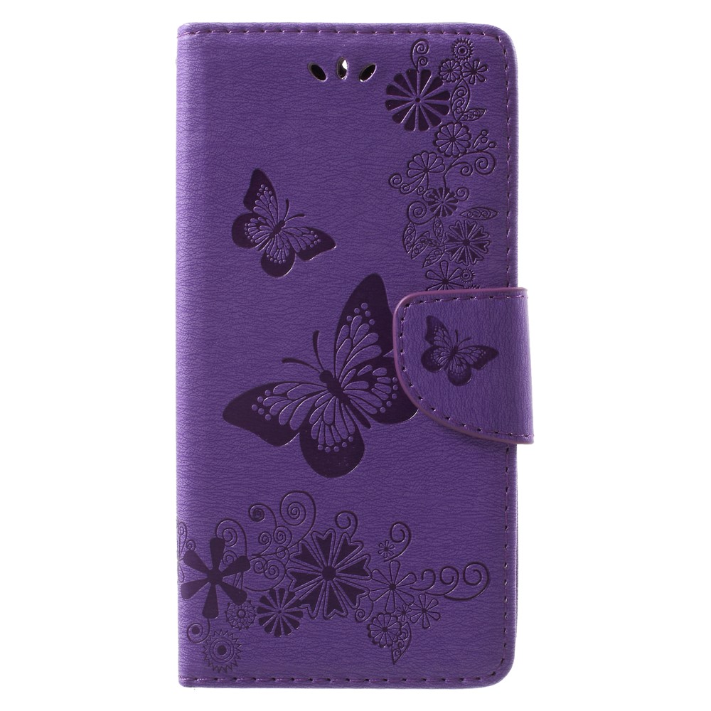 Fleurs de Papillon Imprimé Case de Support en Cuir Magnétique Pour Huawei Mate 10 Lite / Nova 2i / Maimang 6 / Honor 9i (inde) - Violet