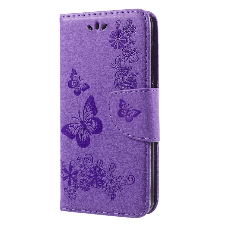 Imprinted Butterfly Flowers Leather Stand Cover with Card Slots for Huawei P9 lite mini / Enjoy 7 / Y6 Pro (2017) - Purple-3
