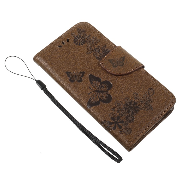 Imprinted Butterfly Flowers PU Leather Card Holder Case for Huawei P9 lite mini / Enjoy 7 / Y6 Pro (2017) - Brown-7