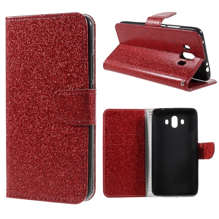 Flash Powder Leather Wallet Cellphone Case for Huawei Mate 10 - Red-1