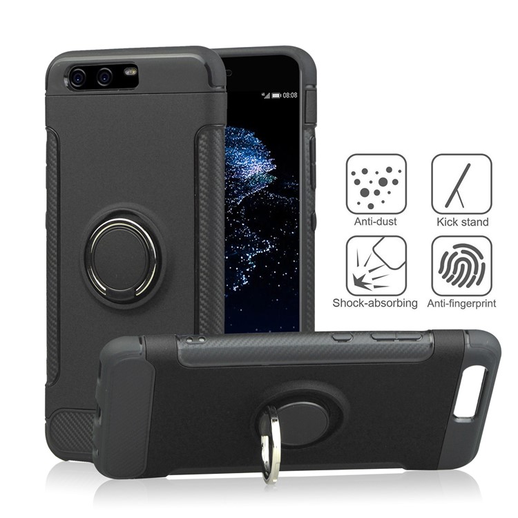 ANGIBABE Carbon Fiber Texture TPU PC Hybrid Case with Ring Holder Kickstand for Huawei P10 - Black-1