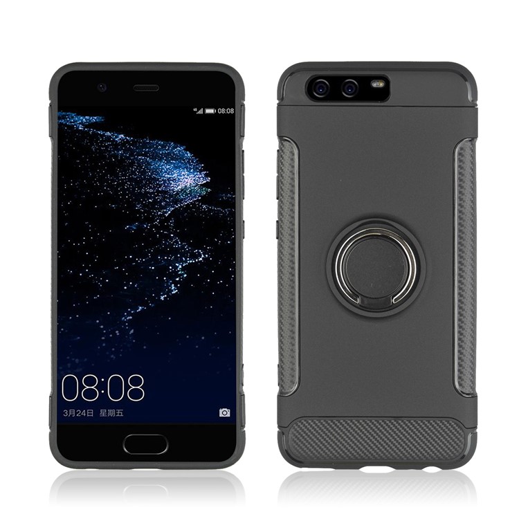 ANGIBABE Carbon Fiber Texture TPU PC Hybrid Case with Ring Holder Kickstand for Huawei P10 - Black-2