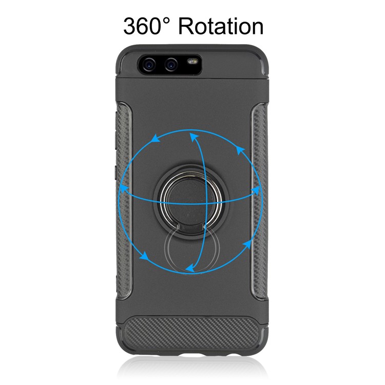 ANGIBABE Carbon Fiber Texture TPU PC Hybrid Case with Ring Holder Kickstand for Huawei P10 - Black-3