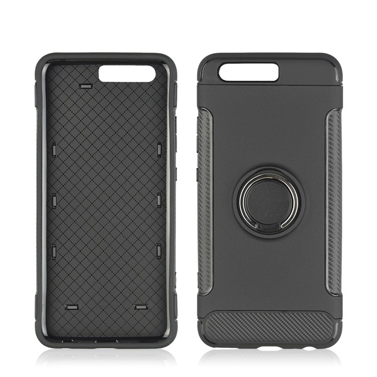 ANGIBABE Carbon Fiber Texture TPU PC Hybrid Case with Ring Holder Kickstand for Huawei P10 - Black-6