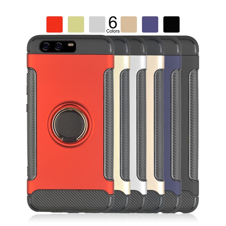 ANGIBABE Carbon Fiber Texture TPU PC Hybrid Case with Ring Holder Kickstand for Huawei P10 - Black-8