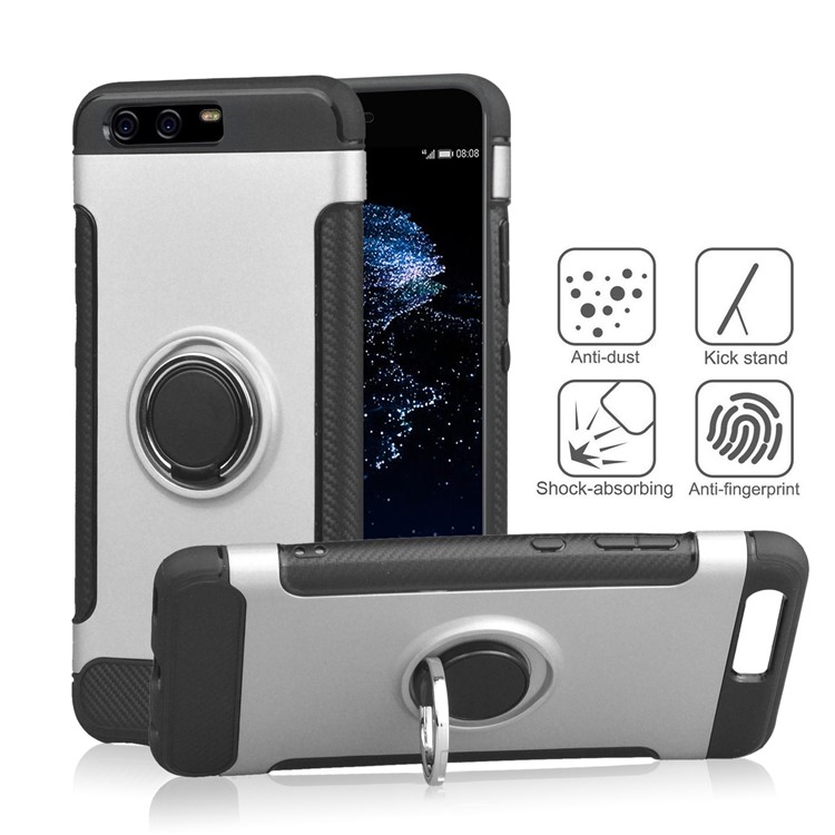 ANGIBABE Carbon Fiber Texture TPU PC Hybrid Cover with Ring Holder Kickstand for Huawei P10 - Silver-1