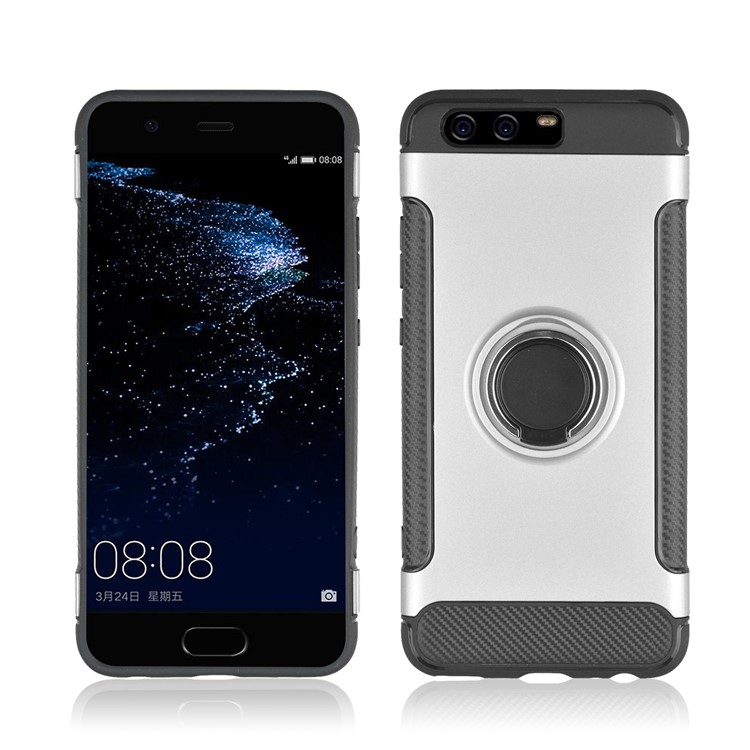 ANGIBABE Carbon Fiber Texture TPU PC Hybrid Cover with Ring Holder Kickstand for Huawei P10 - Silver-2