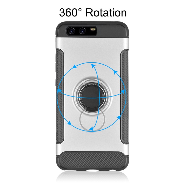 ANGIBABE Carbon Fiber Texture TPU PC Hybrid Cover with Ring Holder Kickstand for Huawei P10 - Silver-3