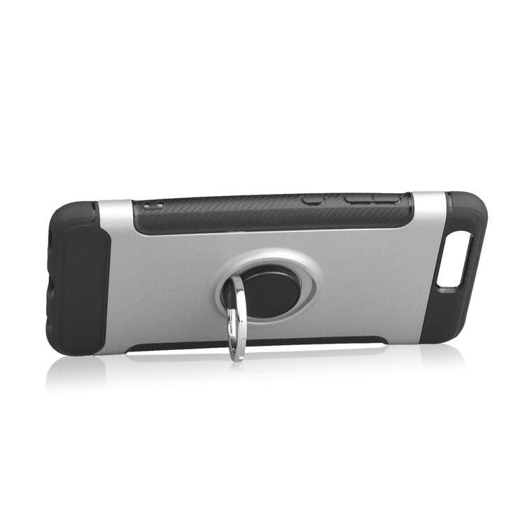 ANGIBABE Carbon Fiber Texture TPU PC Hybrid Cover with Ring Holder Kickstand for Huawei P10 - Silver-4