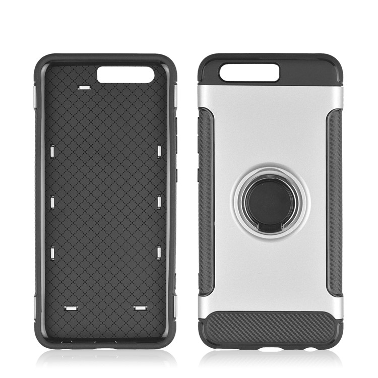 ANGIBABE Carbon Fiber Texture TPU PC Hybrid Cover with Ring Holder Kickstand for Huawei P10 - Silver-5