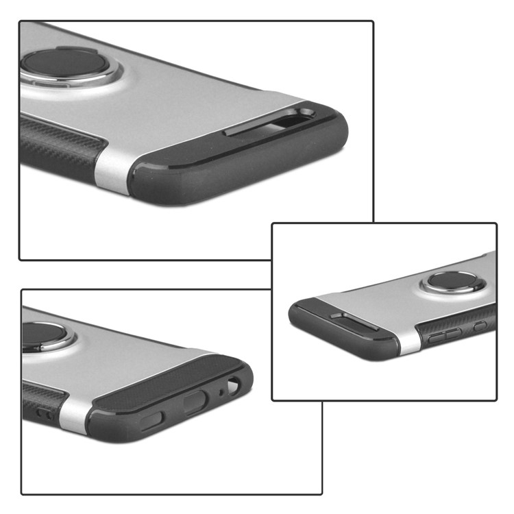 ANGIBABE Carbon Fiber Texture TPU PC Hybrid Cover with Ring Holder Kickstand for Huawei P10 - Silver-6