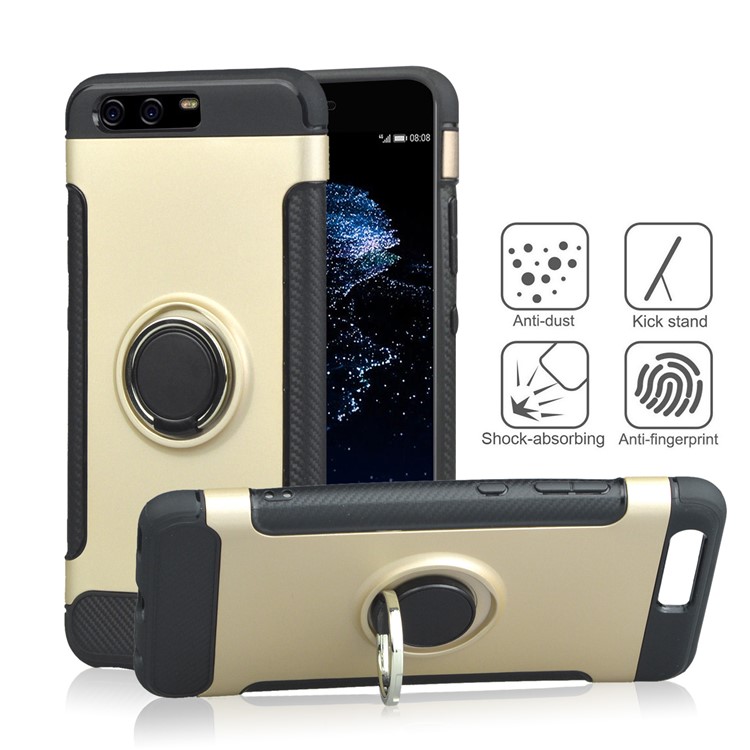 ANGIBABE Carbon Fiber Texture TPU PC Hybrid Casing with Ring Holder Kickstand for Huawei P10 - Gold-1