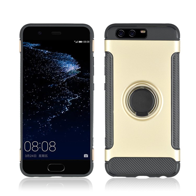 ANGIBABE Carbon Fiber Texture TPU PC Hybrid Casing with Ring Holder Kickstand for Huawei P10 - Gold-2