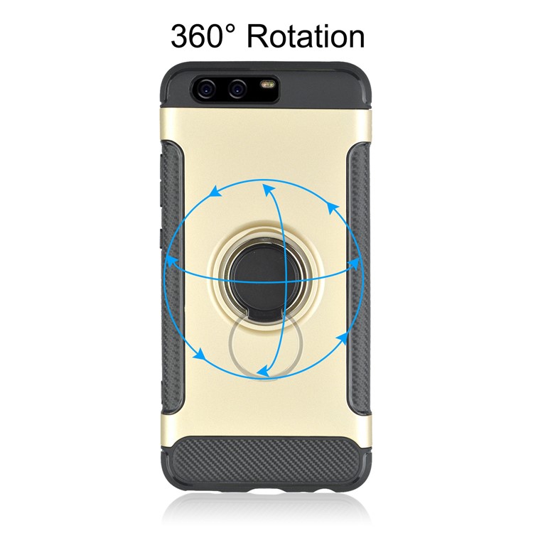 ANGIBABE Carbon Fiber Texture TPU PC Hybrid Casing with Ring Holder Kickstand for Huawei P10 - Gold-3