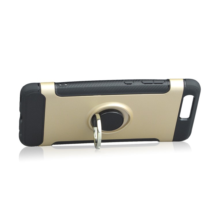 ANGIBABE Carbon Fiber Texture TPU PC Hybrid Casing with Ring Holder Kickstand for Huawei P10 - Gold-4