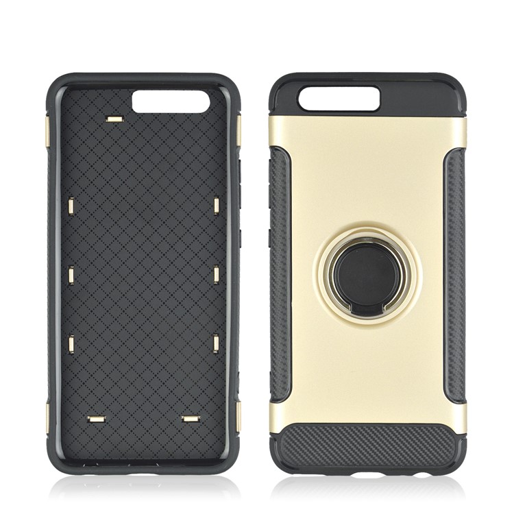 ANGIBABE Carbon Fiber Texture TPU PC Hybrid Casing with Ring Holder Kickstand for Huawei P10 - Gold-5