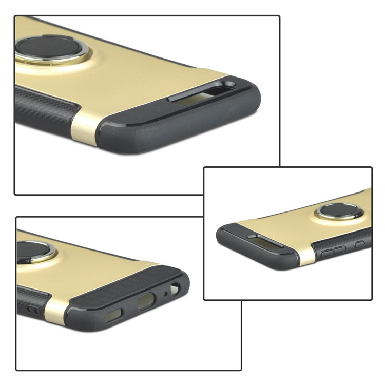 ANGIBABE Carbon Fiber Texture TPU PC Hybrid Casing with Ring Holder Kickstand for Huawei P10 - Gold-6