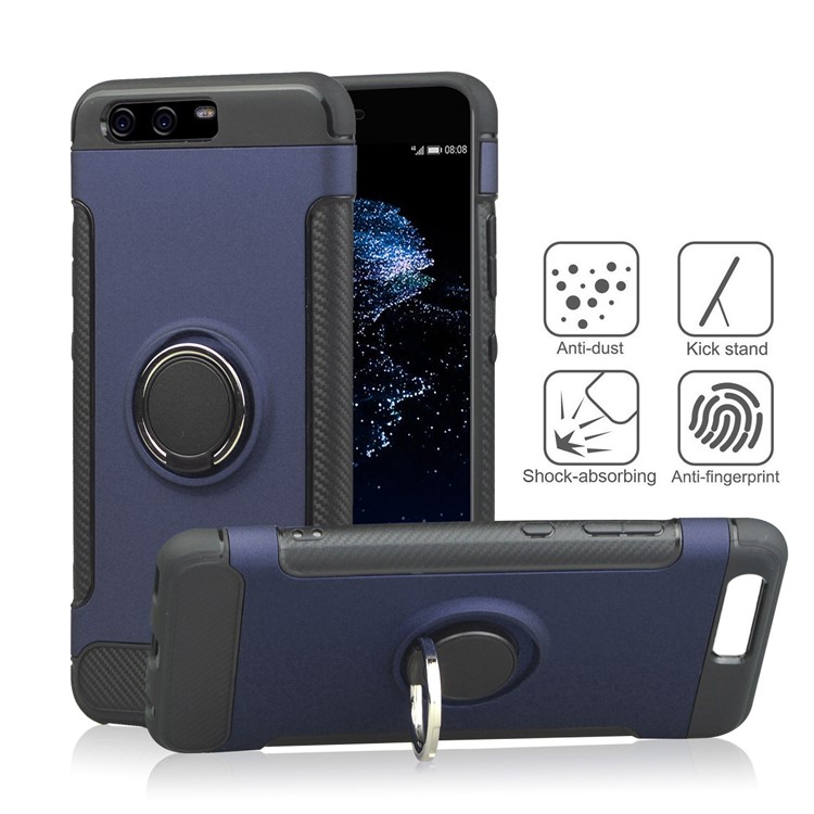 ANGIBABE Carbon Fiber Texture TPU PC Hybrid Mobile Case with Ring Holder Kickstand for Huawei P10 - Blue-1