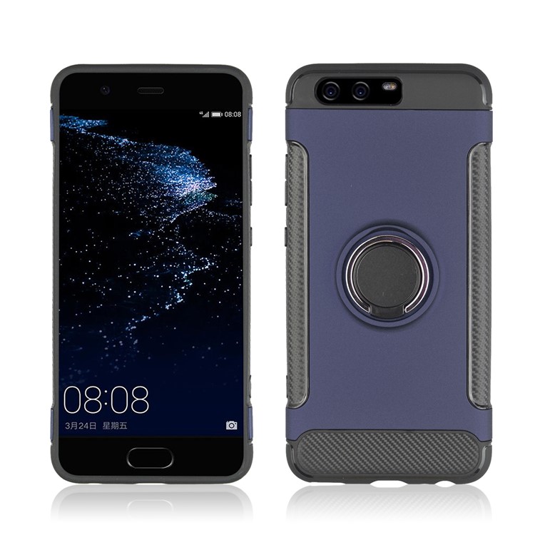 ANGIBABE Carbon Fiber Texture TPU PC Hybrid Mobile Case with Ring Holder Kickstand for Huawei P10 - Blue-2