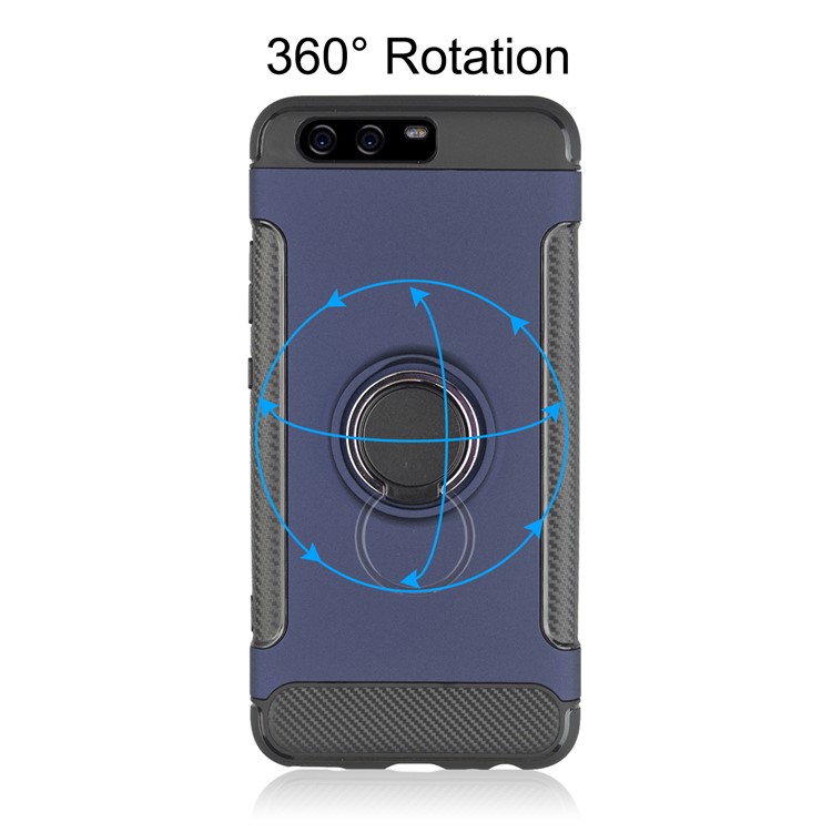ANGIBABE Carbon Fiber Texture TPU PC Hybrid Mobile Case with Ring Holder Kickstand for Huawei P10 - Blue-3